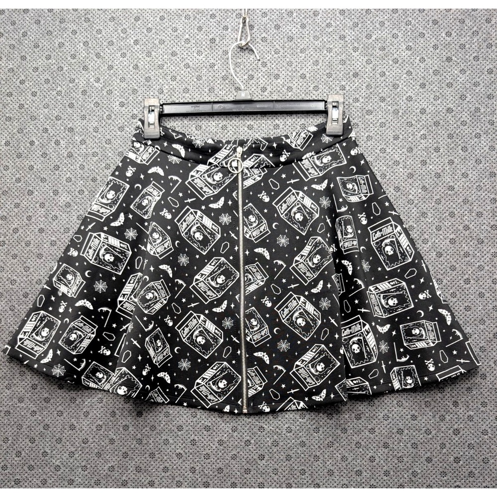 Hot Topic Black Skater Skirt Size S Goth Milk Carton Skull Coffin Bat Print Emo